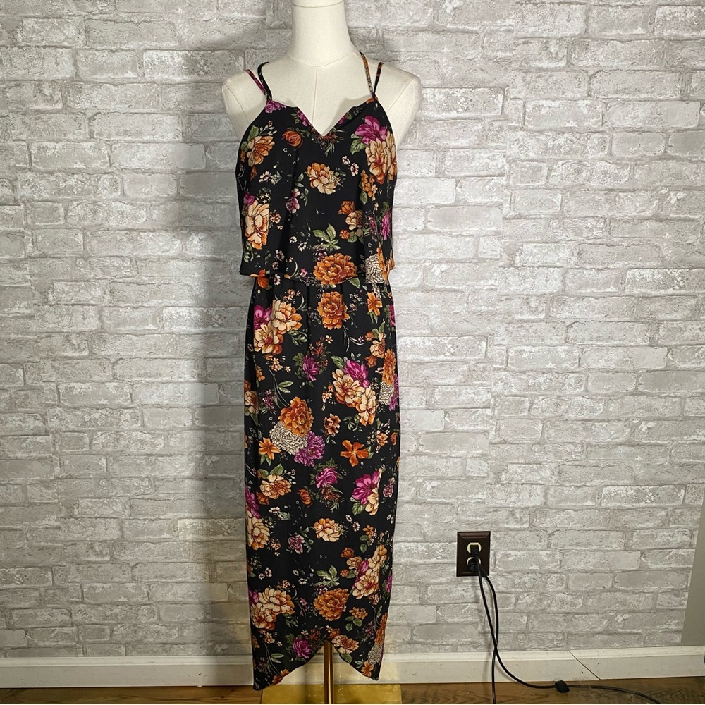 Monteau boho Black moody Floral Spaghetti-Strap Maxi Dress size small